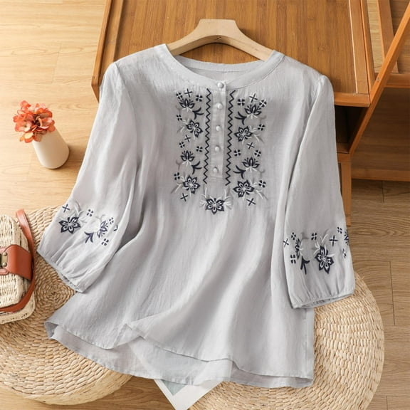 HOMBOM Women Tops Crew Neck 3/4 Sleeve Basic Gray Cotton Linen Floral 2025 Embroidered Graphic Blouse
