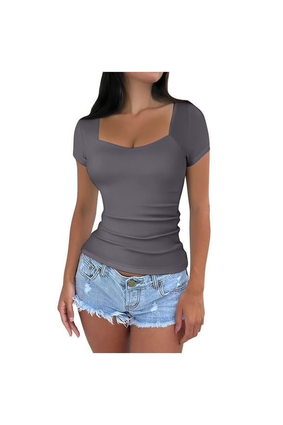Women Tops Gray Summer Slim Fit Square Neck Short Sleeve Solid Basic T-shirt M