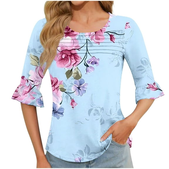 HOMBOM Women Tops Half Sleeve Sky Blue Crew Neck Pullover Flowers Loose Front Pleated Ruffle Sleeve Shirt