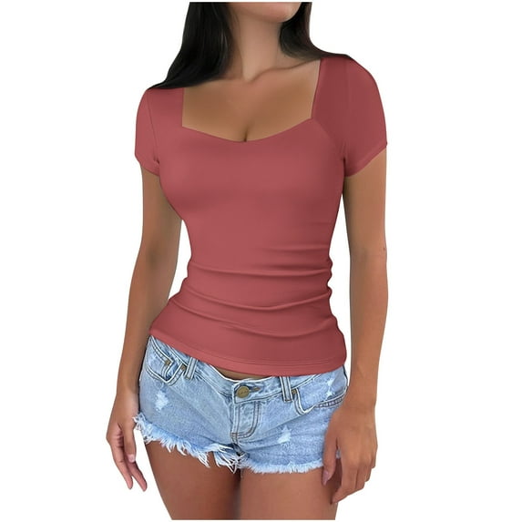 HOMBOM Women Tops New Arrivals Wine Square Neck Slim Fit Basic Short Sleeve Solid T-shirt L