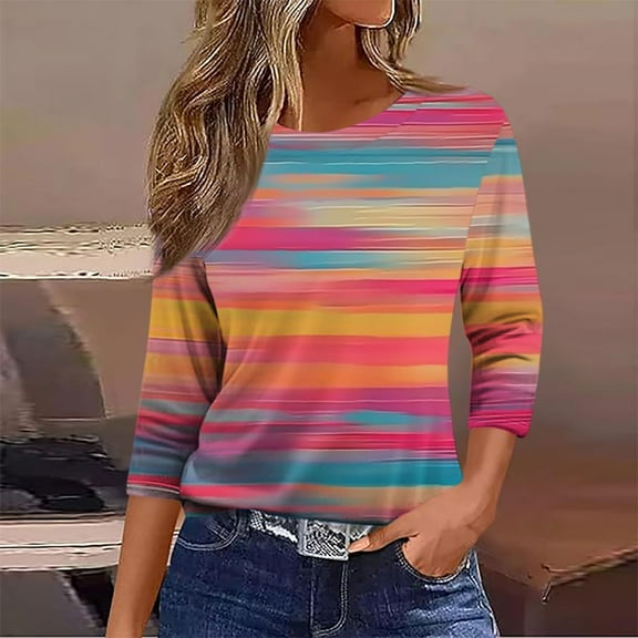HOMBOM Women Tops Pink Crew Neck 3/4 Sleeve Pullover Colorful Stripes Fall T Shirt