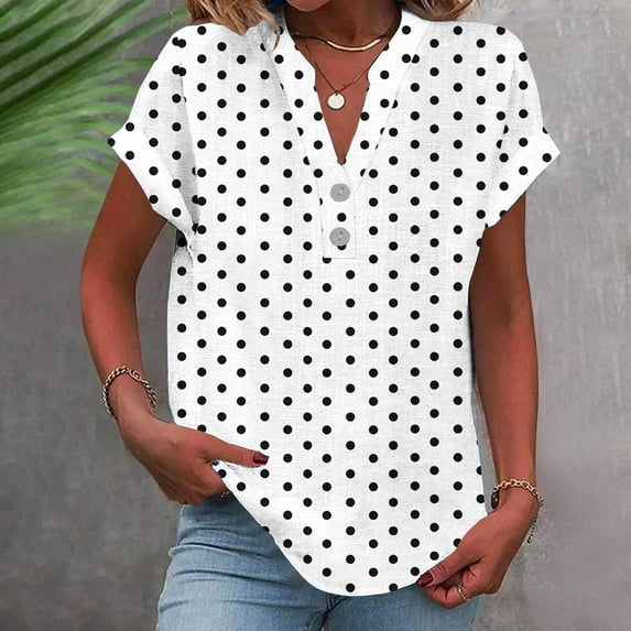 HOMBOM Women Tops Summer 2025 White Rolled Sleeve Cotton Linen Short Sleeve Polka Dot V Neck Shirts 2XL