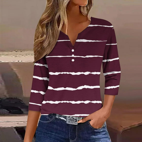 HOMBOM Women Tops V Neck 3/4 Sleeve Wine Pullover Striped Drop Shoulder Button Loose Blouse