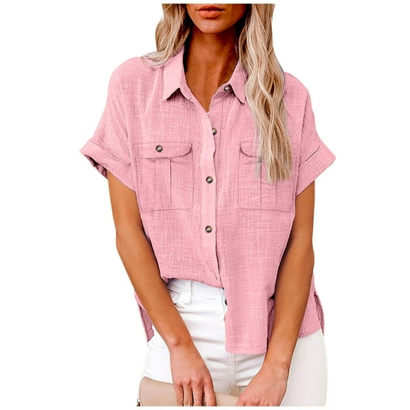 HOMBOM Women Tops and Blouses Pink Short Sleeve Casual Solid V-Neck Button-Down Shirts L