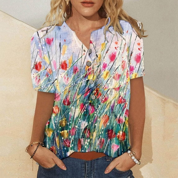 HOMBOM Women Tunic Tops Floral Print Red V-Neck Short Sleeve Button Down Shirts Going Out Tops
