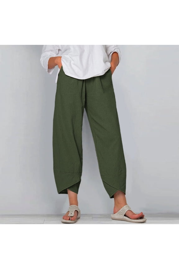 Women Wide Leg Pants Baggy Army Green High Elastic Waist Casual Cotton Linen Wide-Leg Ankle Y2k Pants XL