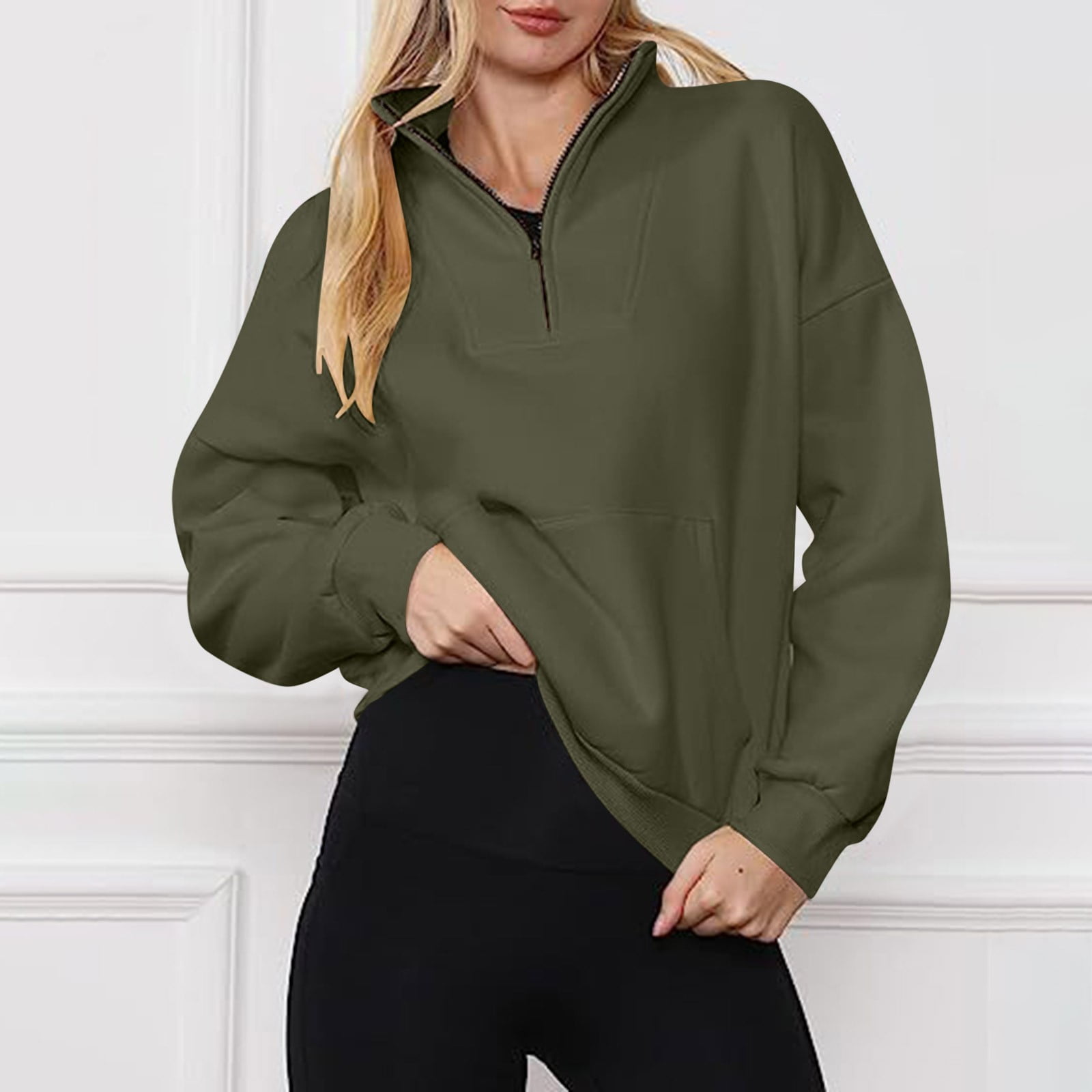 HOMBOM Women Zipper Sweatshirt,Half Zip Hoodless Mock Neck Solid Green