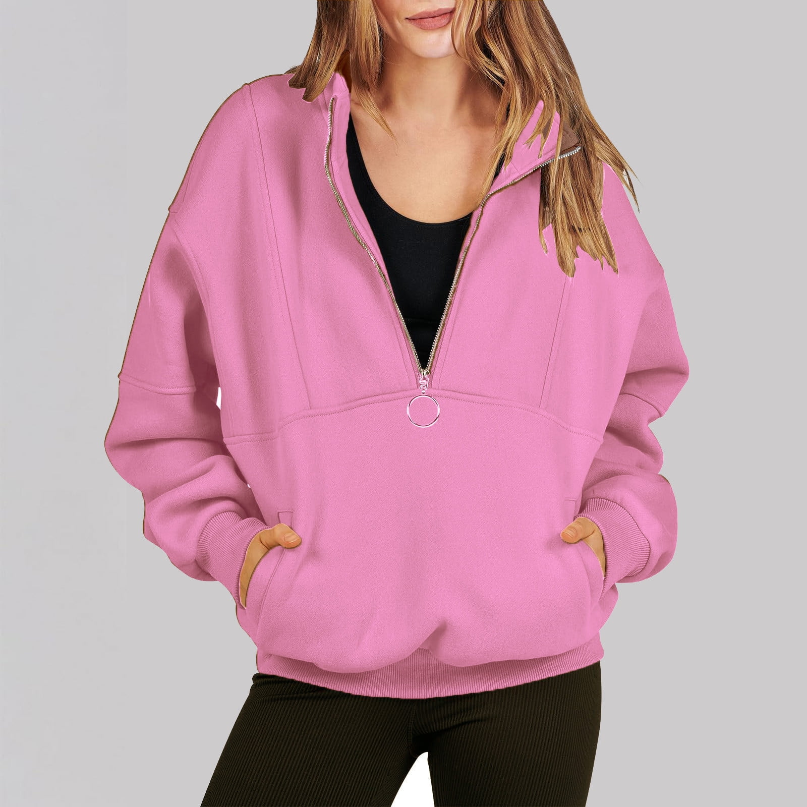 HOMBOM Women Zipper Sweatshirt,Half Zip Pink Hoodless Mock Neck Solid