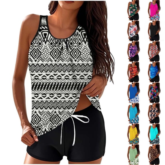 HOMBOM Women's Modest Plus Size Tankini Two Piece Swimming Suits with Shorts,Floral S