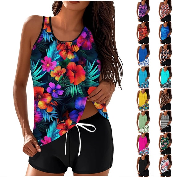 HOMBOM Women's Plus Size Two Piece Modest Tankini Swimming Suits Swimwear,Floral XL
