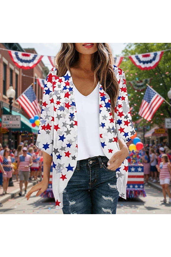 Womens 3/4 Sleeve Kimono Beach Dusters Cardigan Lightweight 4th of July Flowy Cover Ups for Young Women Open Front