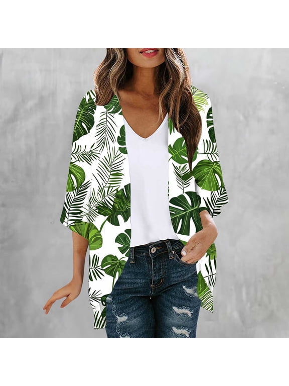 Womens 3/4 Sleeve Kimono Summer Cardigan Lightweight Dusters Casual Hawaiian Print Soft Cover Ups for Young Women