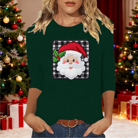 HOMBOM Womens 3/4 Sleeve Tops Christmas Holiday Crewneck Merry Christmas Xmas Green Blouse for Women Fall