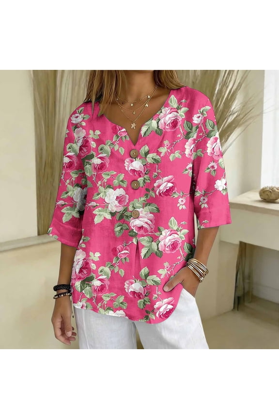 Womens 3/4 Sleeve Tops Loose Fit Blouse Henley Summer Smart Casual Workwear Shirts for Ladies V-Neck