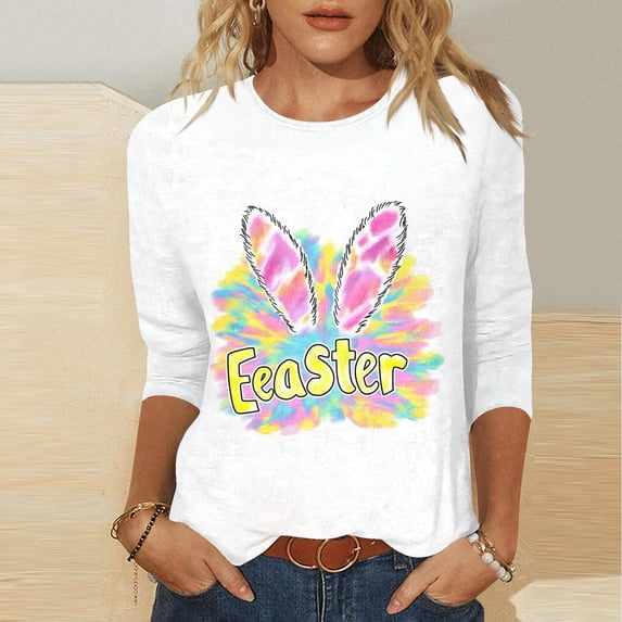 HOMBOM Womens 3/4 Sleeve Tops Summer T-Shirts Casual Crew Neck Bunny Print Graphic Tees for Ladies Easter