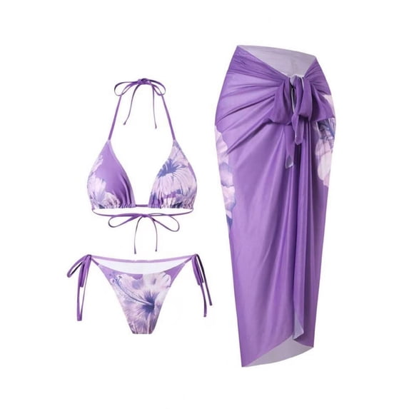 HOMBOM Womens 3 Piece Bathing Suit Bikini Swimwear Purple Floral High Waisted Swimsuit for Young Woman Beach