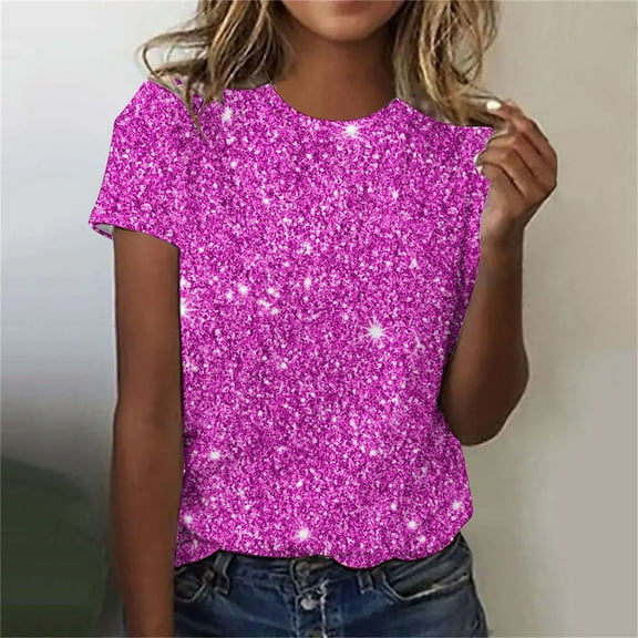 HOMBOM Womens Basic Tops Short Sleeve Crewneck Purple Sequin Print T-shirts Graphic Tees Y2k