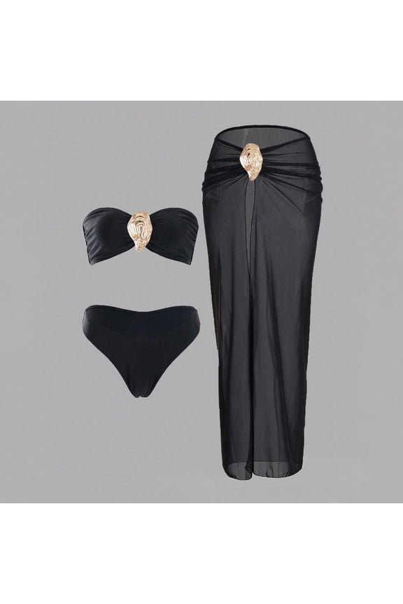 Womens Bathing Suit Bikini Swimwear 3 Piece High Waisted Black Bandeau Swimsuit for Young Woman Pool