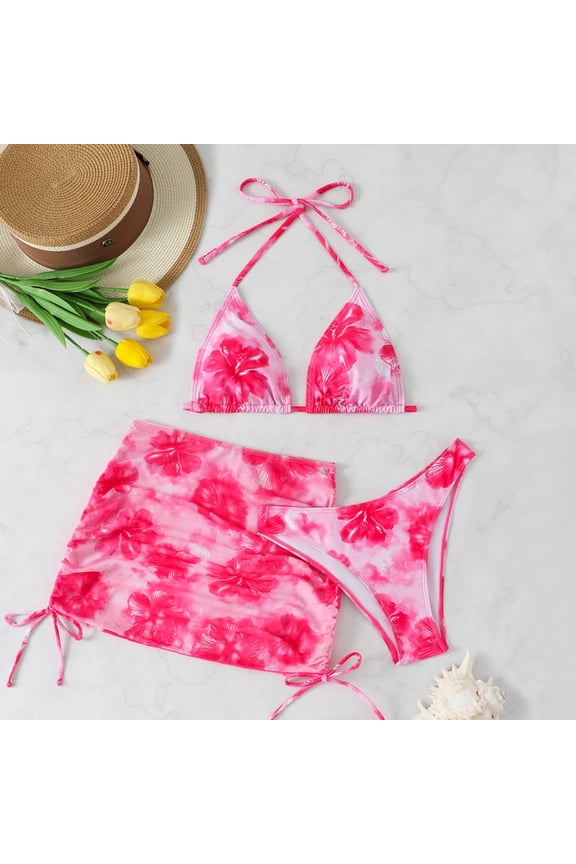 Womens Bathing Suit Bikini Swimwear 3 Piece Hot Pink Floral High Cut Swimsuit for Women Triangle