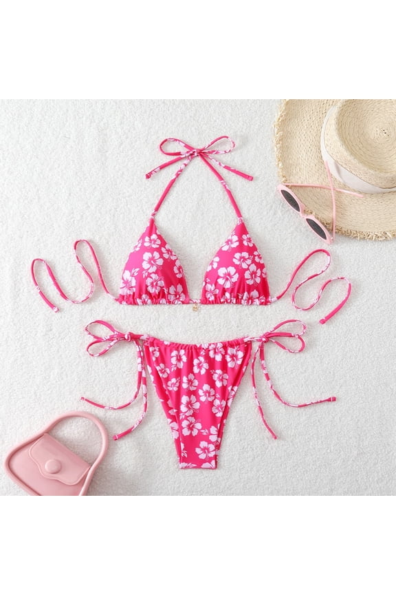Womens Bathing Suit Bikini Swimwear Hot Pink Triangle Two Piece Floral High Cut Swimsuit for Ladies Pool