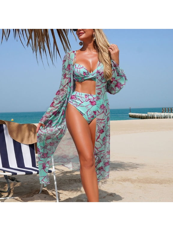 Womens Bikini Swim Suits Bikini Set and Swimming Cover Ups High Waisted Mint Green Triangle Bathing Suit for Adult 3 Piece
