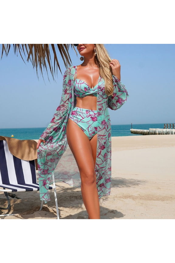 Womens Bikini Swim Suits Bikini Set and Swimming Cover Ups High Waisted Mint Green Triangle Bathing Suit for Adult 3 Piece