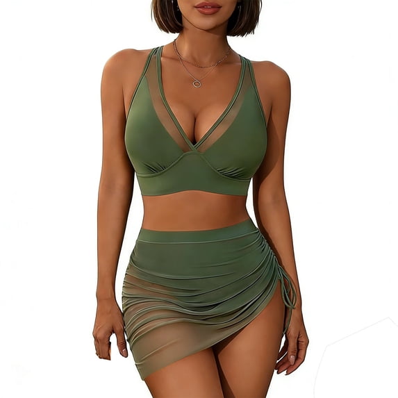 HOMBOM Womens Bikini Swim Suits Swimwear with Swim Skirt Army Green High Cut Beach Bathing Suit for Ladies Sporty