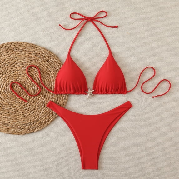 HOMBOM Womens Bikini Swimsuit Swimwear Triangle Two Piece Red Summer Bathing Suit for Young Woman High Waisted
