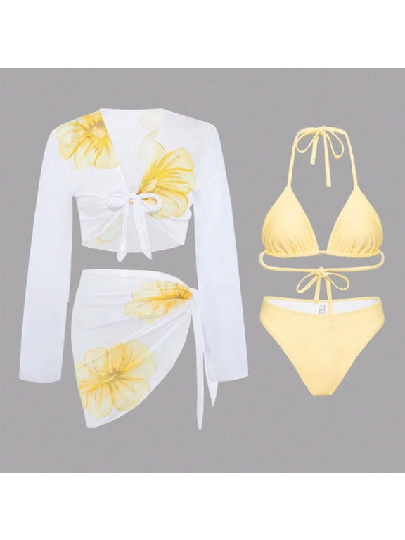 Womens Bikini Swimsuit Tummy Control 4 Piece Triangle Top Floral Print Athletic Bathing Suits for Young Women
