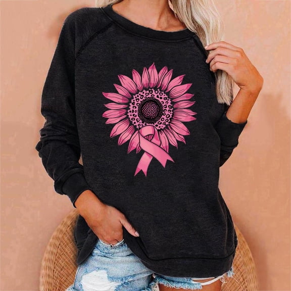 HOMBOM Womens Black Sweatshirt Pullover Crew Neck Casual Hoodless Long Sleeve Breast Cancer Tops for Women Graphic