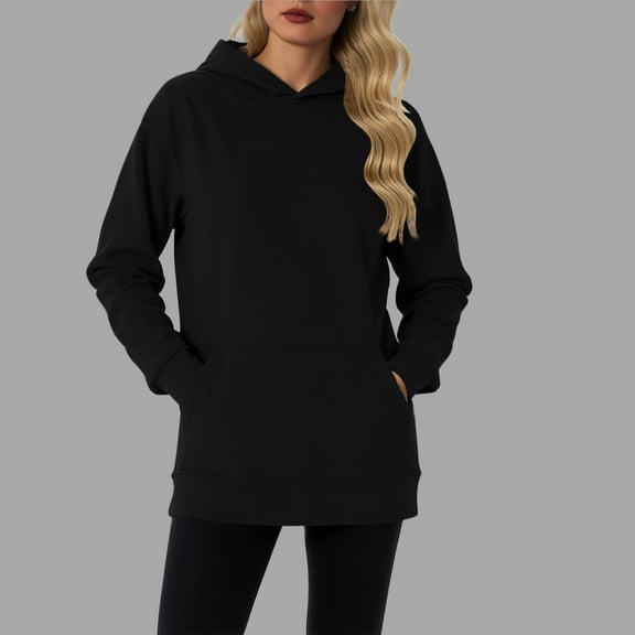 HOMBOM Womens Black Tunic Sweatshirts Pullover Plain Hooded Trendy with Pocket Long Sleeve Tops for Women