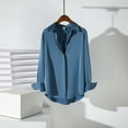 thumbnail image 1 of HOMBOM Womens Blue Satin Shirts Long Sleeve Winter V-Neck Tops Loose Plain for Women, 1 of 4