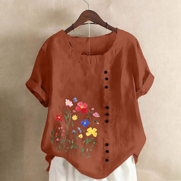 HOMBOM Womens Boho Shirts Crewneck Summer Tee Shirts Cotton Linen Soft Short Sleeve Blouse for Women Floral