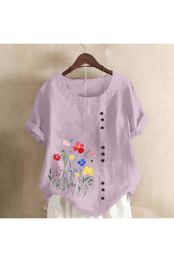 Womens Boho Tops Tee Shirts Spring Short Sleeve Floral Cotton Linen Crewneck Blouse for Ladies Soft