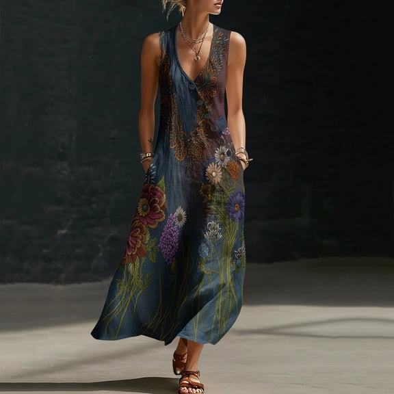 HOMBOM Womens Button Dresses Dress Multicolor Cotton Linen Spring Easter Boho Floral Maxi Tank Dress for Ladies with Pocket