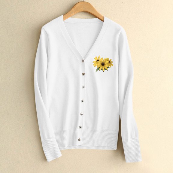 HOMBOM Womens Button down Sweaters Cardigan Cozy White V Neck Open Front Tops for Women Boho