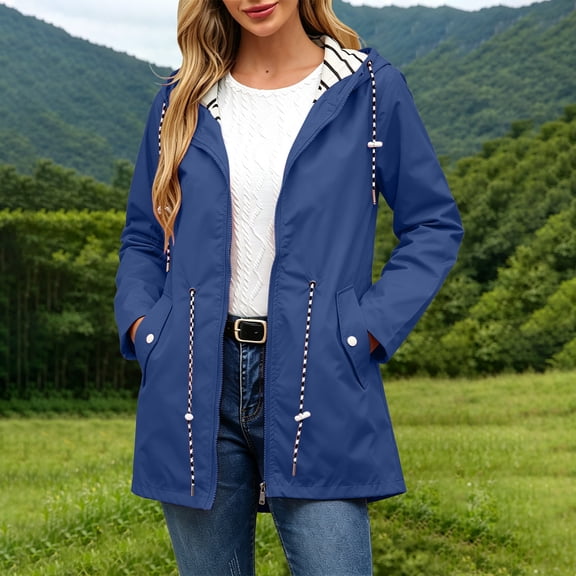 HOMBOM Womens Camping Rain Jacket Mid Weight Cycling Waterproof Zip Up Hooded Drawstring Waist Raincoat for Women Daily