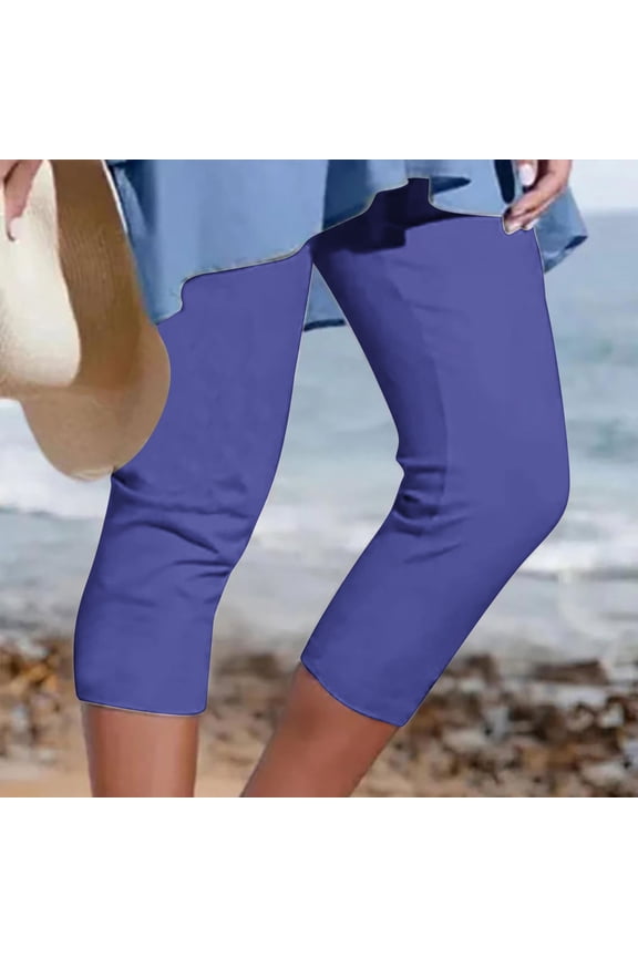 Womens Capri Leggings with Pocket Dark Blue Beach Pants Athleisure Slim Straight Capris S