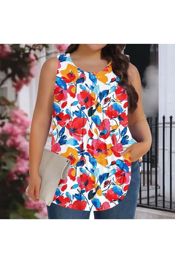 Plus Size Tank Tops for Women Summer Shirts Sleeveless Floral Casual Hot Pink Young Womans Blouse Crew Neck