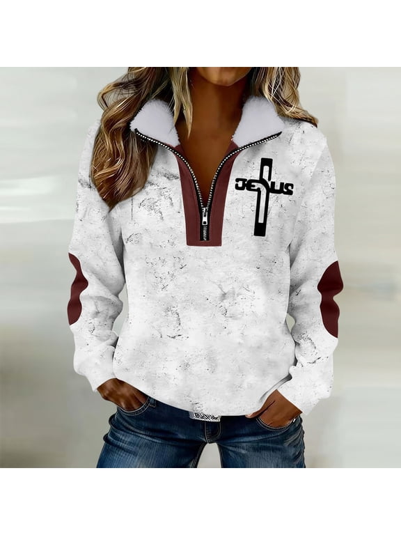 Womens Shirts Half Zip Summer Blouse Easter Colorblock V-Neck Long Sleeve Tops for Ladies Soft
