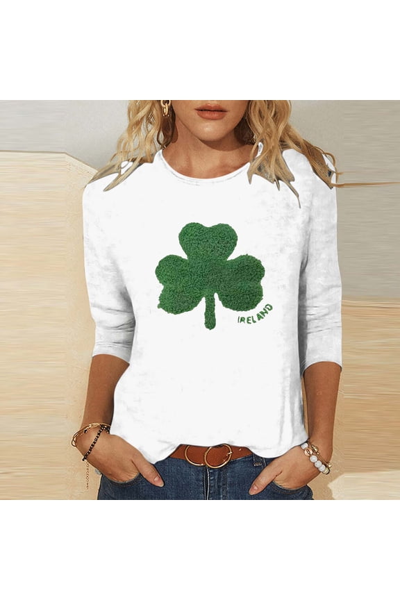 Womens 3/4 Sleeve Shirts Blouse White Basic Shamrock Print Crew Neck Tops for Women Summer
