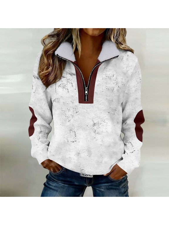 Womens Shirts Summer Blouse Half Zip Easter Colorblock Long Sleeve Soft V-Neck Tops for Ladies