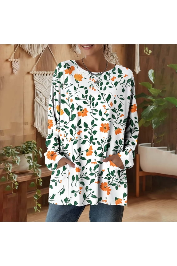 Shirts for Women Blouse Casual Floral Crew Neck Spring Ladies Tops