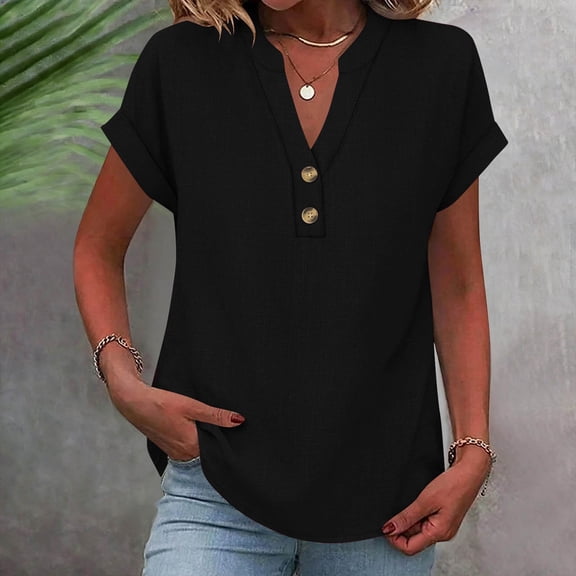 HOMBOM Womens Shirts Summer Cotton Linen Blouse Lightweight Short Sleeve Solid Black V Neck Tops for Young Woman Henley