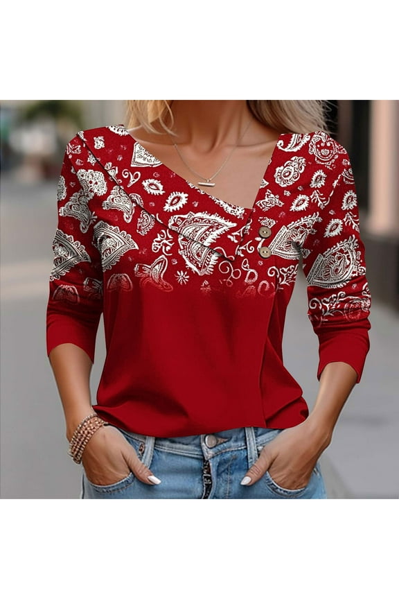 Womens Casual T-Shirts V-Neck Wine Floral Turn down Collar Classic Fit Tops for Ladies Long Sleeve