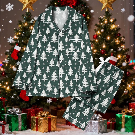 HOMBOM Womens Christmas Pajamas 2 Piece Set Loungewear Green Long Sleeve Sets Funny Button up Nightwear Pjs for Ladies