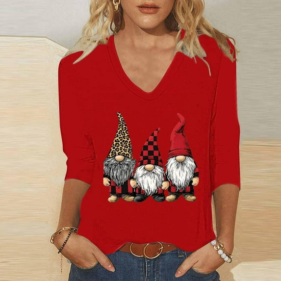 HOMBOM Womens Christmas Plus Size Shirts Holiday Funny 3/4 Sleeve Xmas V Neck Santa Red T Shirts for Female