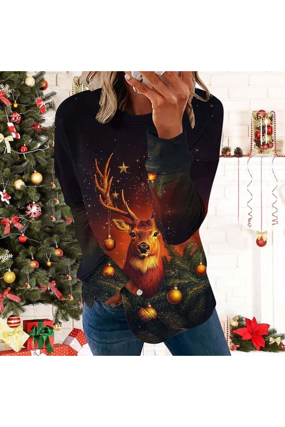 Womens Christmas Shirts Dressy Casual Ugly Long Sleeve Christmas Tree Black T Shirts for Ladies Xmas