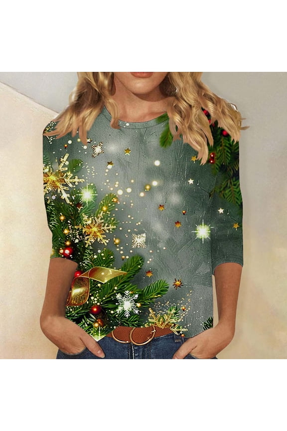 Womens Christmas Shirts Fall Comfy 3/4 Sleeve Ugly Christmas Crewneck Xmas Tee Shirts for Ladies
