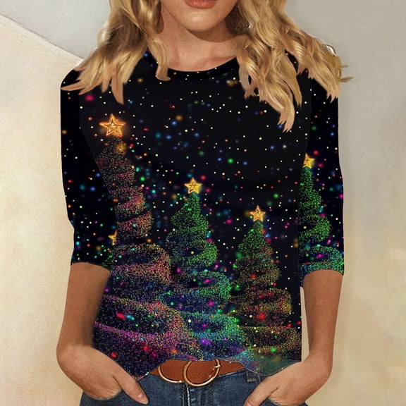 HOMBOM Womens Christmas Shirts Graphic Festive 3/4 Sleeve Ugly Christmas Crewneck Tee Shirts for Women